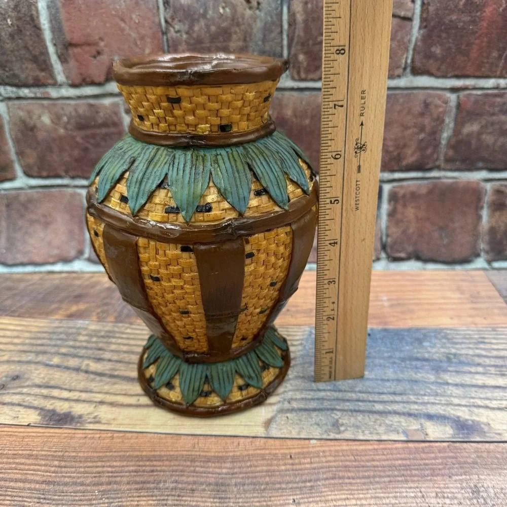 Resin Basket Weave Pineapple Vase Vintage Tiki Hand-Painted MCM